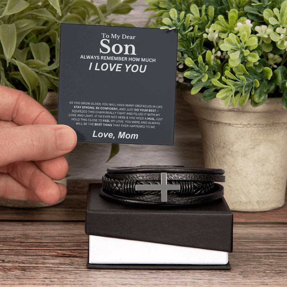 My Dear Son, Love Mom | Men's Cross Bracelet | Leather Bracelet