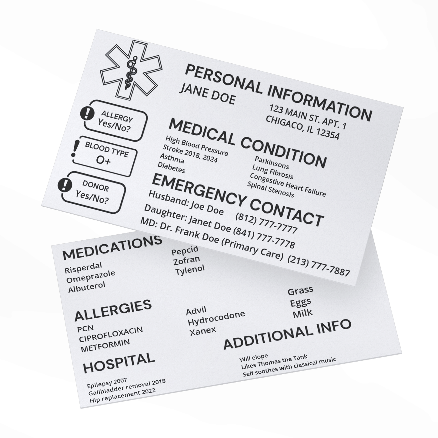 Medical ID cards for car and wallet, SIX Custom engraved emergency contact, Aluminum personalized medical alert ICE card for medical conditions and more  - 2 Sides, laser engraved