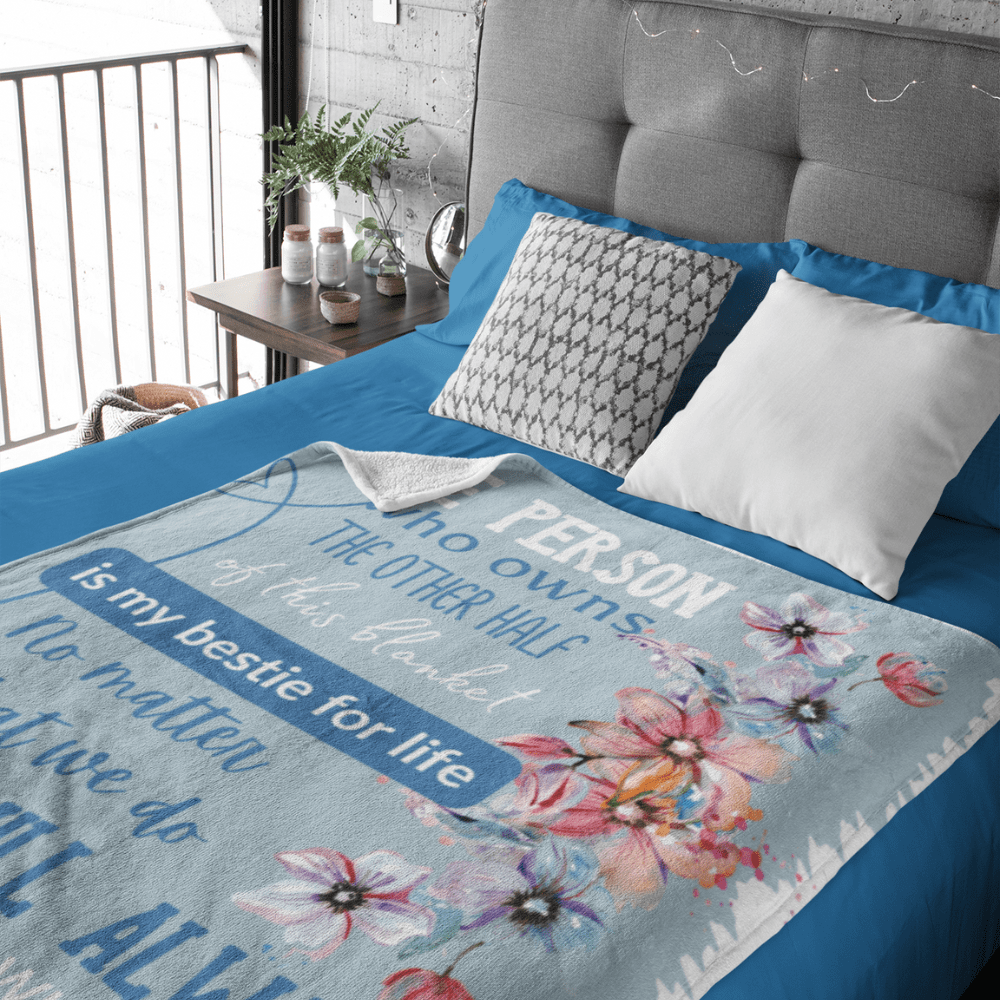 Bestie for Life Blanket - Subtle Blue with Water Color Flower Design