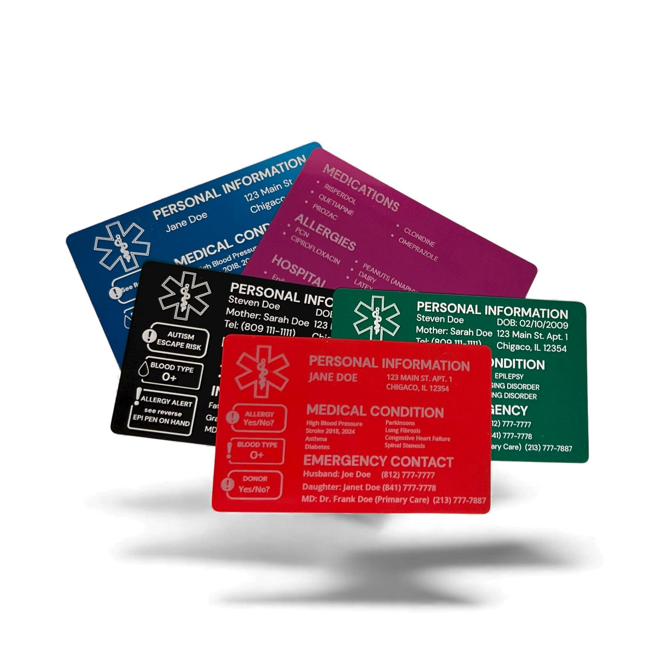 Medical ID cards for car and wallet, SIX Custom engraved emergency contact, Aluminum personalized medical alert ICE card for medical conditions and more  - 2 Sides, laser engraved