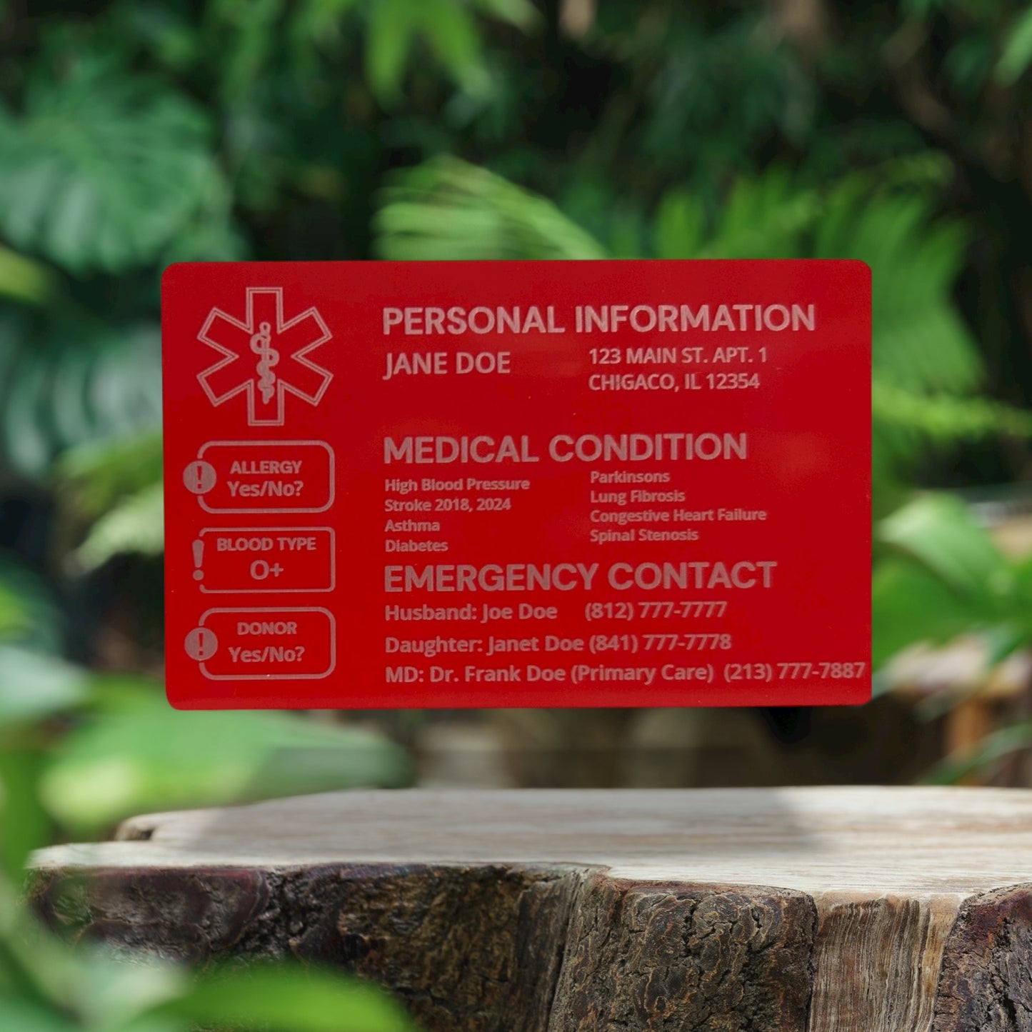 Medical ID cards for car and wallet, SIX Custom engraved emergency contact, Aluminum personalized medical alert ICE card for medical conditions and more  - 2 Sides, laser engraved