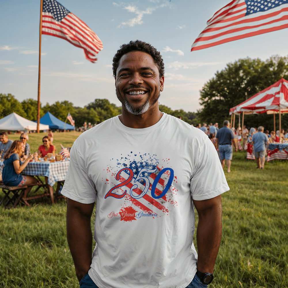 man wearing a white tshirt with red white blue writing 250 and an american flag, standing in front of a fair
ground