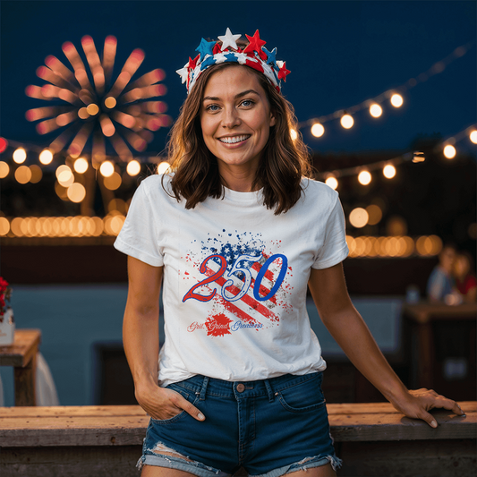 Woman with tshirt says 250 with American flag